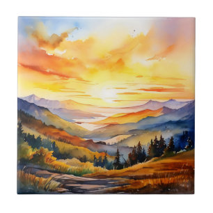 Watercolor Sunrise Over Mountain Range Tile