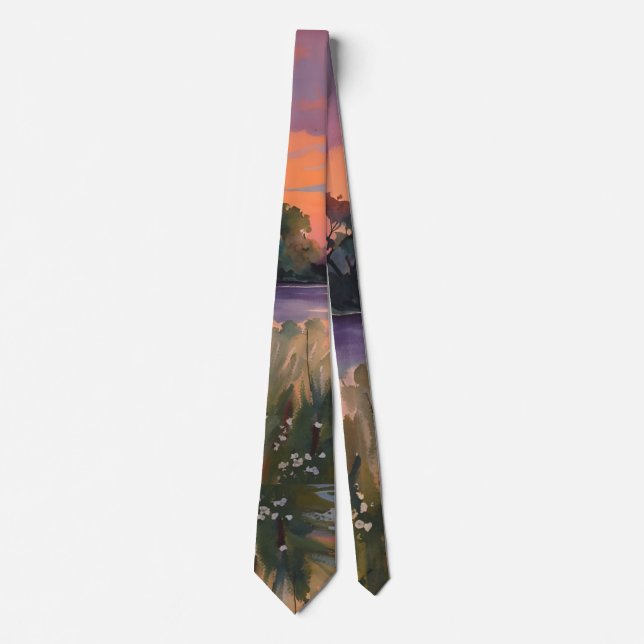 Watercolor Sunrise over the pond  Tie (Front)