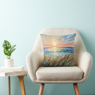 Watercolor Sunrise With Beach Grass Throw Pillow