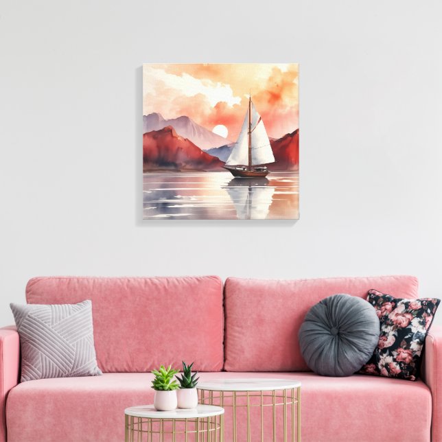 Watercolor Sunrise With Yacht Canvas Print (Insitu(LivingRoom))