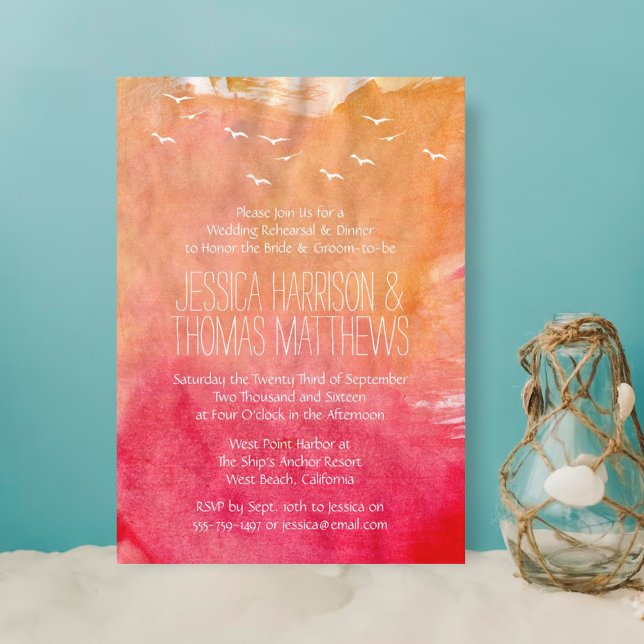 Watercolor Sunset Beach Wedding Rehearsal Dinner Invitation (Creator Uploaded)