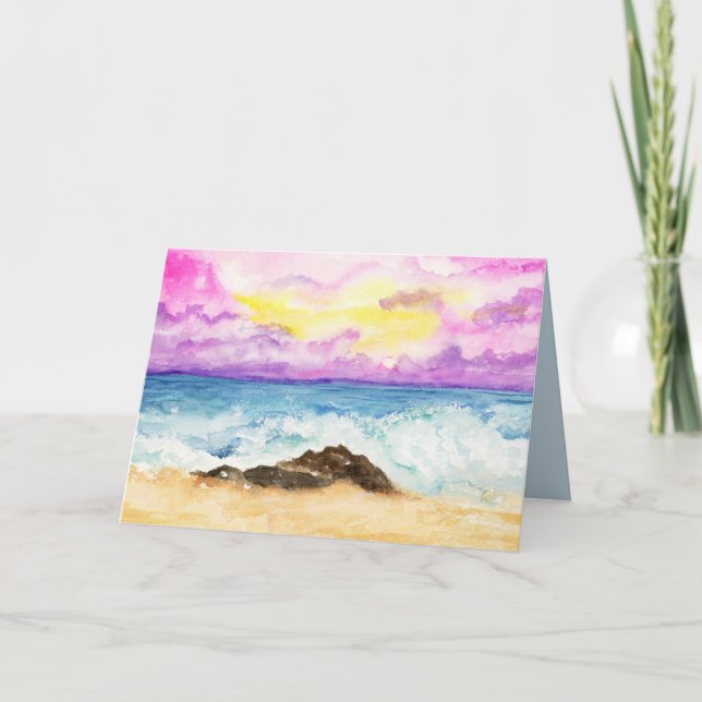 Watercolor Sunset Beach With Crashing Waves Card (Front)
