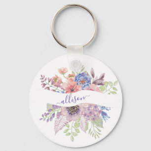 Watercolor sunset floral personalized  keychain