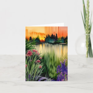 Watercolor sunset garden pond customizable card