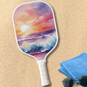 Watercolor Sunset on the Beach Monogram  Pickleball Paddle