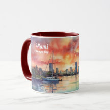 Watercolor sunset over Miami from Biscayne Bay