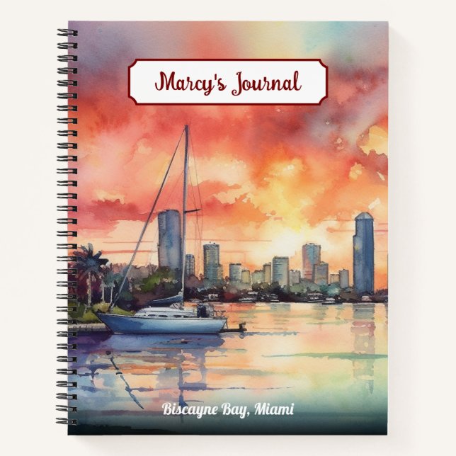 Watercolor sunset over Miami from Biscayne Bay Notebook (Front)
