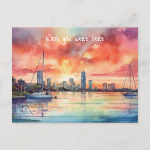Watercolor sunset over Miami from Biscayne Bay Postcard