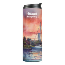 Watercolor sunset over Miami from Biscayne Bay