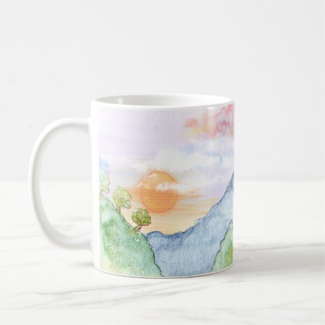 Watercolor Sunset over Mountains & Trees  Coffee Mug (Left)