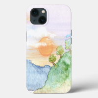 Watercolor Sunset over Mountains & Trees