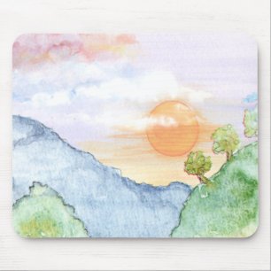 Watercolor Sunset over Mountains & Trees Mouse Pad