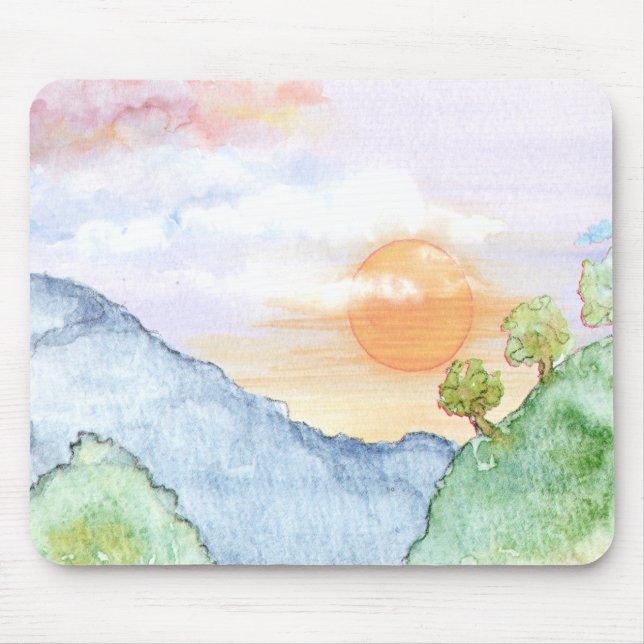 Watercolor Sunset over Mountains & Trees Mouse Pad (Front)