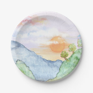 Watercolor Sunset over Mountains & Trees  Paper Plate