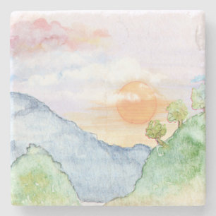 Watercolor Sunset over Mountains & Trees  Stone Coaster