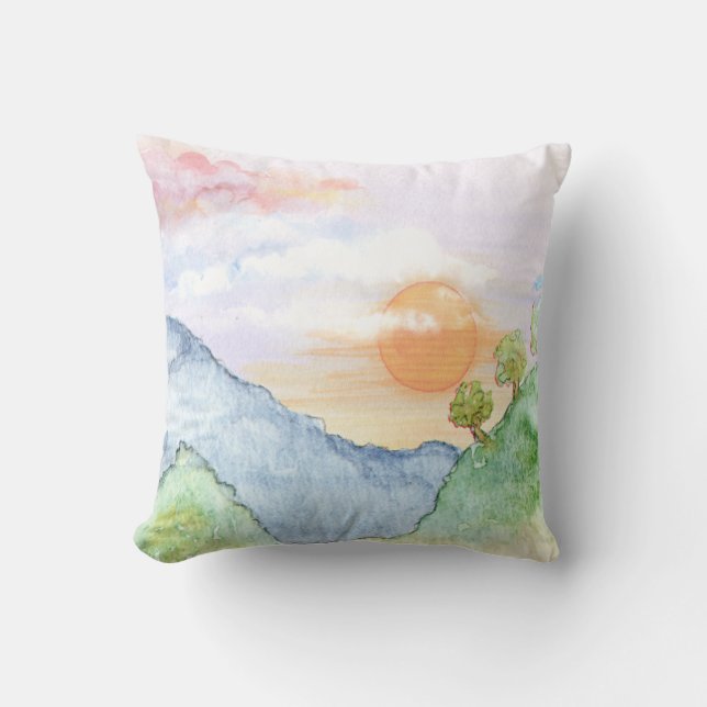 Watercolor Sunset over Mountains & Trees Throw Pillow (Front)