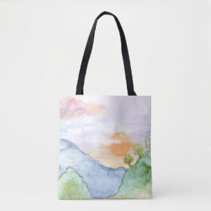 Watercolor Sunset over Mountains & Trees  Tote Bag