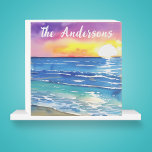 Watercolor Sunset Over the Ocean Wooden Box Sign<br><div class="desc">This colourful wooden box sign is perfect for any beach lover or waterfront home. Personalize it with your desired name.</div>