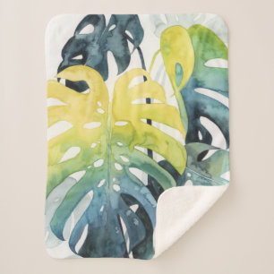 Watercolor Sunset Palm Tree Leaves Sherpa Blanket