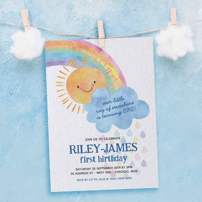 Watercolor Sunshine and Rainbow Birthday Invitation (Celebrate with this rainbow invitation, that's bursting with colors and good vibes!)