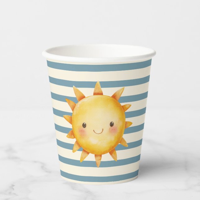 Watercolor Sunshine Baby Shower Blue Stripe Paper  Paper Cups (Front)