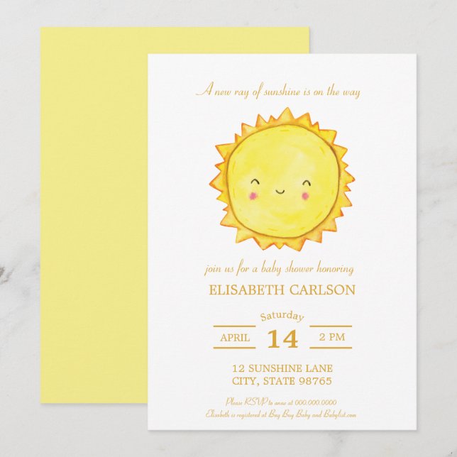 Watercolor Sunshine Baby Shower Invitation Neutral (Front/Back)