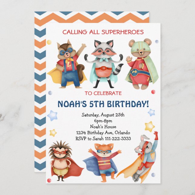 Watercolor Superheroes Invitation de fête d'annive (Devant / Derrière)