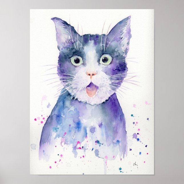 Watercolor Surprised Cat Portrait Poster (Front)