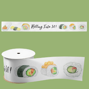 Watercolor Sushi and Sashimi Rolling Into Any Age Satin Ribbon