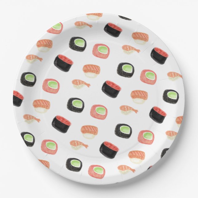Watercolor Sushi Party Hibachi Sushi Rolls Paper Plate (Front)