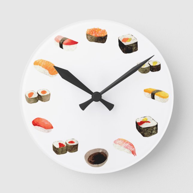Watercolor Sushi Rolls Seafood  Round Clock (Front)