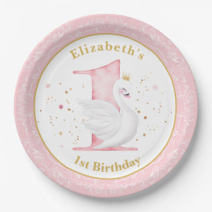 Watercolor Swan Princess 1st Birthday Paper Plate