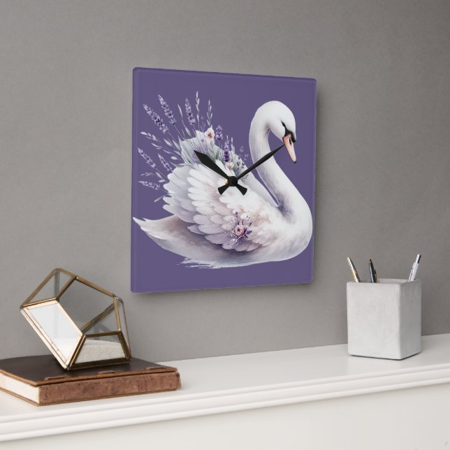 Watercolor Swan with Lavender Florals Square Wall Clock (Office)