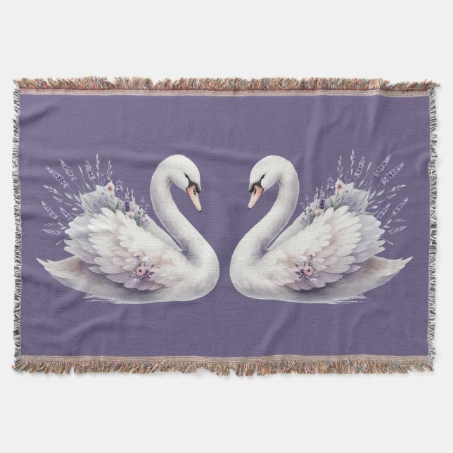 Watercolor Swan with Lavender Florals Throw Blanket (Front)