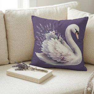 Watercolor Swan with Lavender Florals Throw Pillow