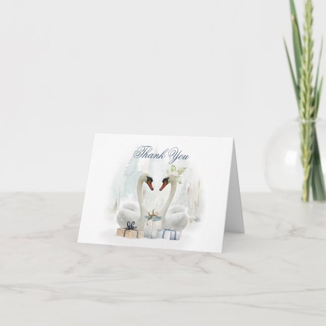 Watercolor Swans with Gifts Thank You Card (Front)