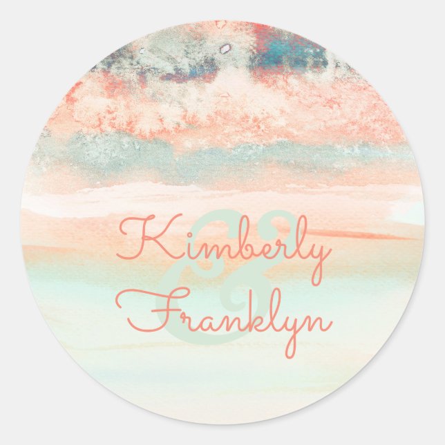 Watercolor Swash Pink Sea Blue Wedding Classic Round Sticker (Front)