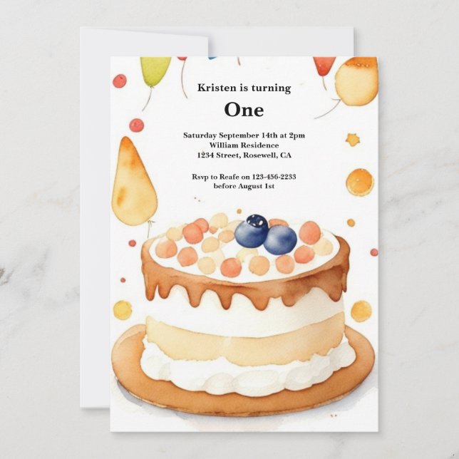 Watercolor Sweet Cake 1er Anniversaire Invitation (Devant)