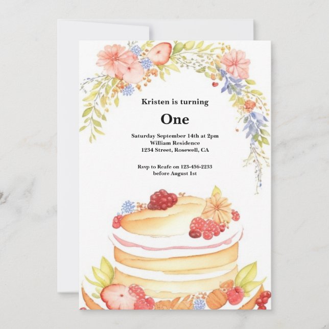 Watercolor Sweet Cake 1st Birthday Invitation (Front)