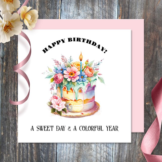 Watercolor Sweet Cake Happy Birthday  Card (Birthday card featuring a watercolor painting of a sweet and festive birthday cake)