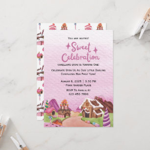 Watercolor Sweet Candy Land Birthday Party  Invitation