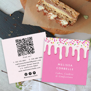 Watercolor Sweet Cream Drips Pink QR Code Bakery Square Business Card