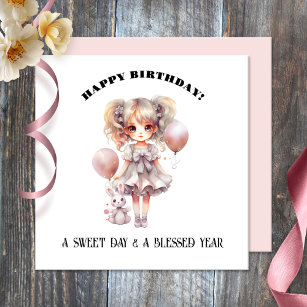 Watercolor Sweet Doll Girly Happy Birthday Card