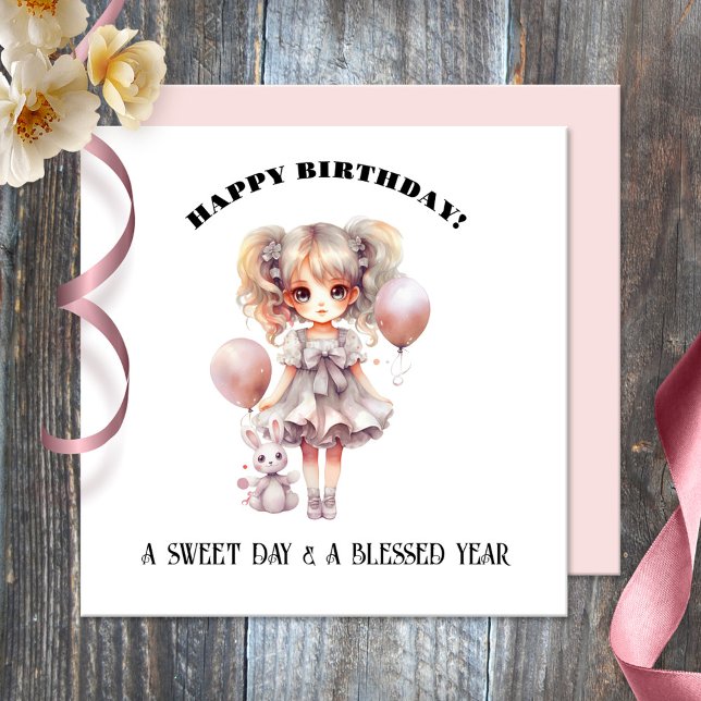 Watercolor Sweet Doll Girly Happy Birthday Card (Birthday card featuring a watercolor painting of a cute girl with a sweet bunny doll)