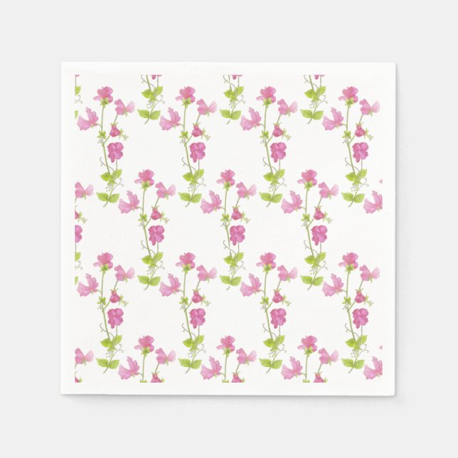 Watercolor Sweet Pea Flower Pattern  Floral Design Napkin (Front)