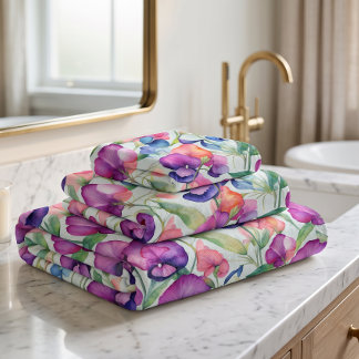 Watercolor Sweet Pea Flowers  Bath Towel Set