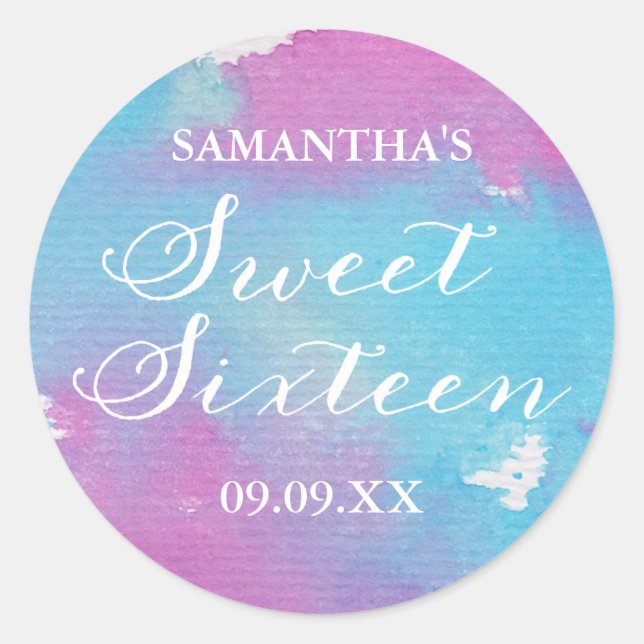 Watercolor Sweet Sixteen Personalized Stickers (Front)