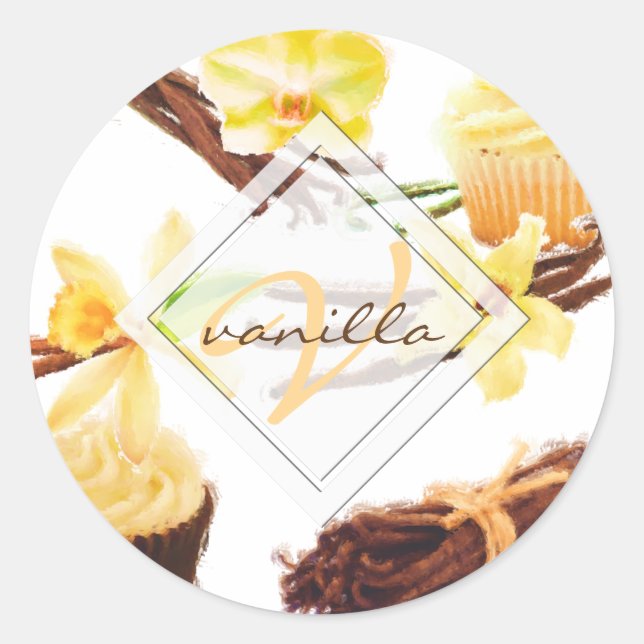 Watercolor Sweet Vanilla Orchid Monogram Classic Round Sticker (Front)
