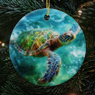 Watercolor Swimming Sea Turtle Ceramic Ornament