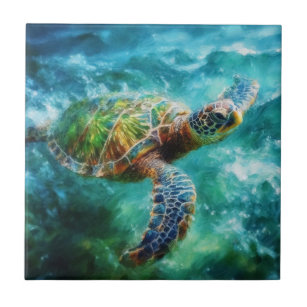 Watercolor Swimming Sea Turtle Tile